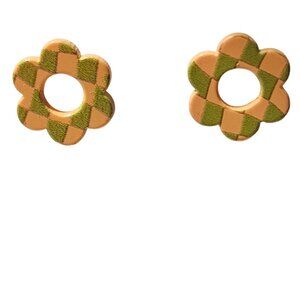 Retro Flower Shaped Checkerboard Stud Earrings 60s 70s Hippie Fashion Women